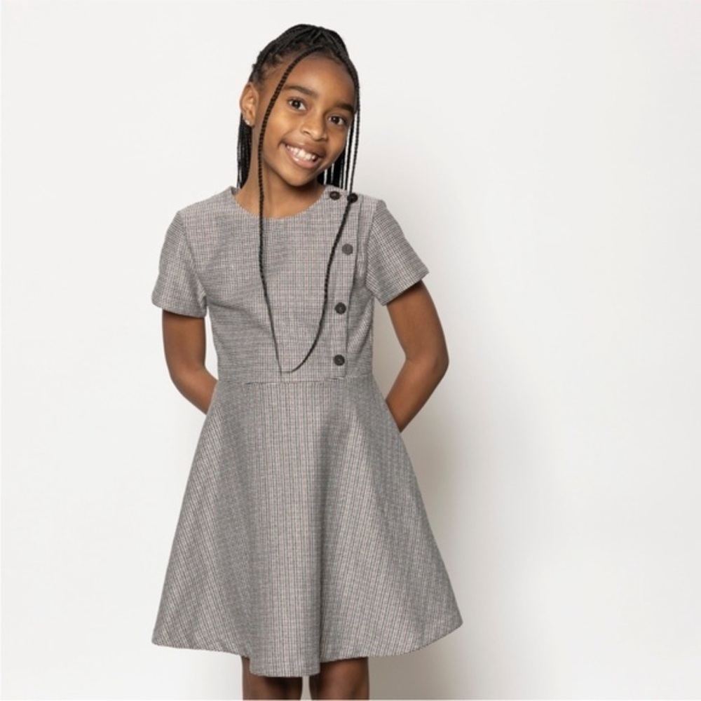Zara Girls Gray Houndstooth Fit & Flare Dress Size 14 Button Detail